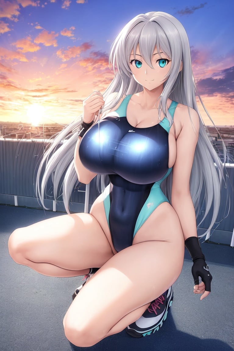 Image of absurdres, high school dxd, rossweisse, long hair, silver hair, aqua eyes, huge breasts, cleavage, one-piece swimsuit, aqua swimsuit++, highleg swimsuit, fingerless gloves, sneakers, outdoors, sunrise+, rooftop, horizon, facing viewer, looking at viewer, squatting, smile, masterpiece+++