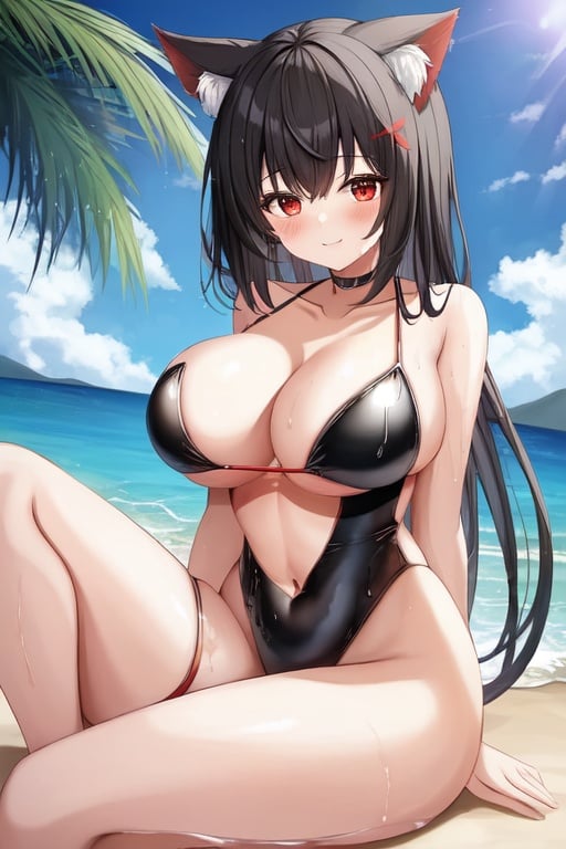 Image of 1girl, solo, beach background, cute face, smile, looks at viewer, black long hair, red eyes black neko ears, swimsuit, character yamashiro