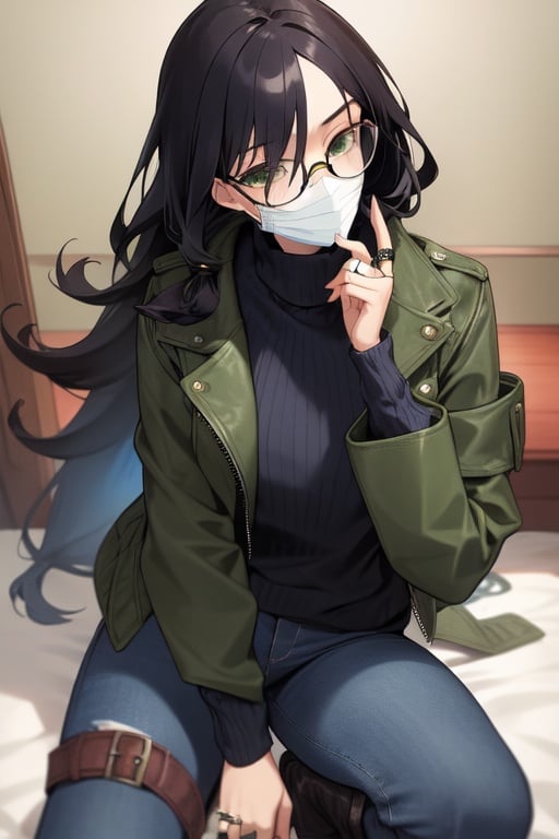 Image of  wear navy jeans and mask and gles and sweater and leather green jacket and leather grove and boots, rings, long sleeves, long hair, 