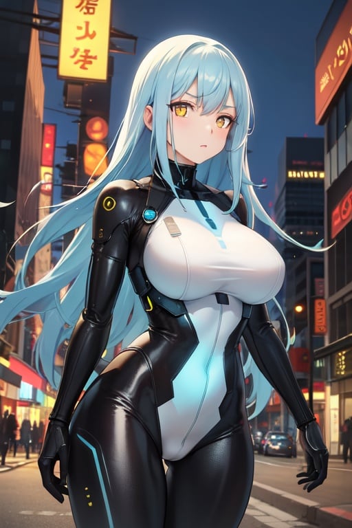 Image of science fiction++, city streets, 1girl, android++, older+, long sky blue hair, glowing yellow eyes++, large breasts+, thick thighs, bodysuit+.