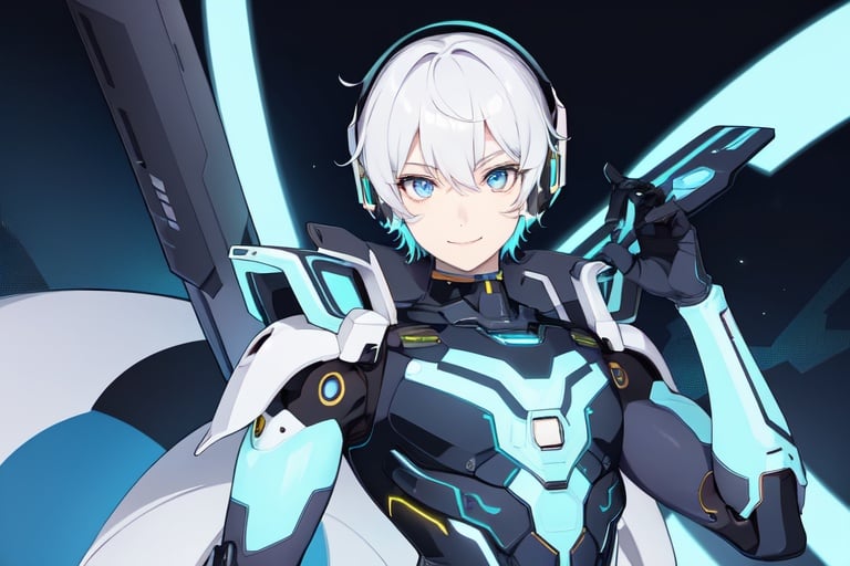 Image of 1male, solo, flat color++ glow eyes, (eyes highlight)++++ cyborg mecha, gloves, short hair, holding weapon, smile, headphone, machine ears, blue eyes, blue moon, SF, muscle,