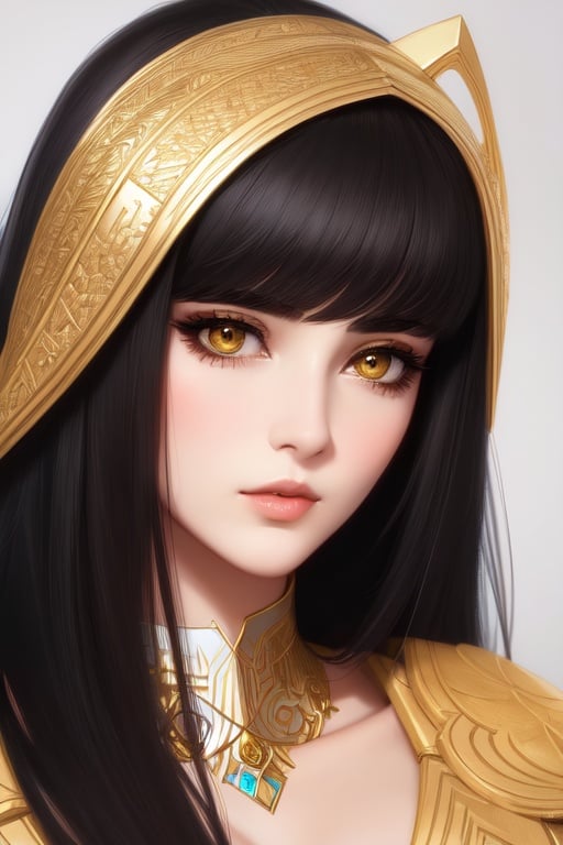 Image of Innocent girl, extremely detailed face, big eyes, thick eyelashes, EGL fashion style, black hair, halo behind head, gold leaf, close up, sketch, by Alexandre Cabanel, by Peter Mohrbacher