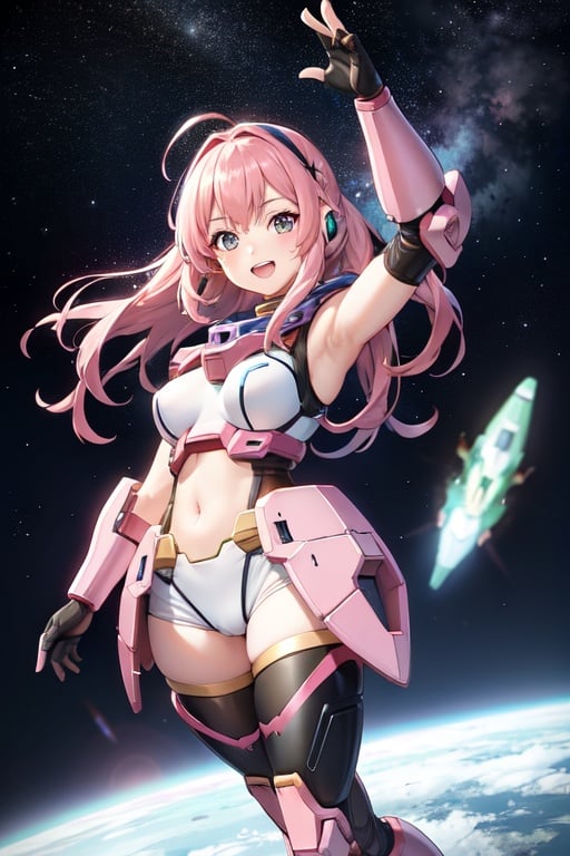 Image of Gundam armor,girl, pink hair, spacial base background,smiling, fighting pose