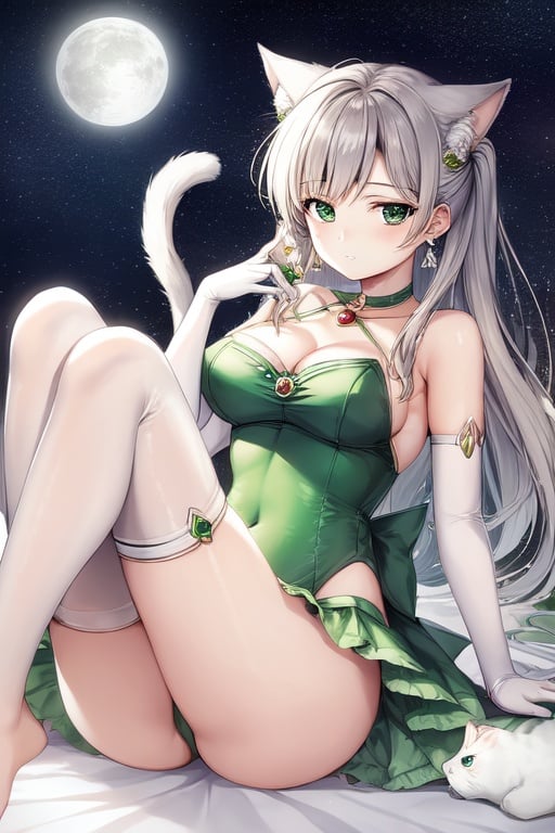 Image of a woman in a green and white dress posing for a picture, a microscopic photo by Sailor Moon,  anime, photo, wide lens 35mm girl, animal ears, barefoot, cat, bursting breasts, silver hair, cleavage, elbow gloves, fingerless gloves, fox tail, gloves, halterneck, large breasts, leg warmers, medium length hair, midriff, navel, solo, tail, albino
open collar