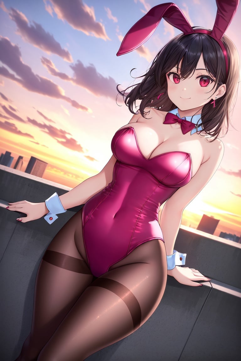 Image of absurdres, 1girl, medium hair, black hair, red eyes, medium breasts, cleavage, playboy bunny, pink leotard++, pantyhose, brown legwear++, high heels, earrings, outdoors, sunset+, balcony, looking at viewer, facing viewer, dutch angle, smile, hand on hip, masterpiece+++