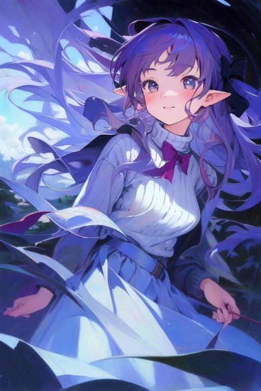 Image of 1girl, solo, traditional media, oil painting, from below, happy, hair bow, hair ribbon, pointy ears, sweater, nature