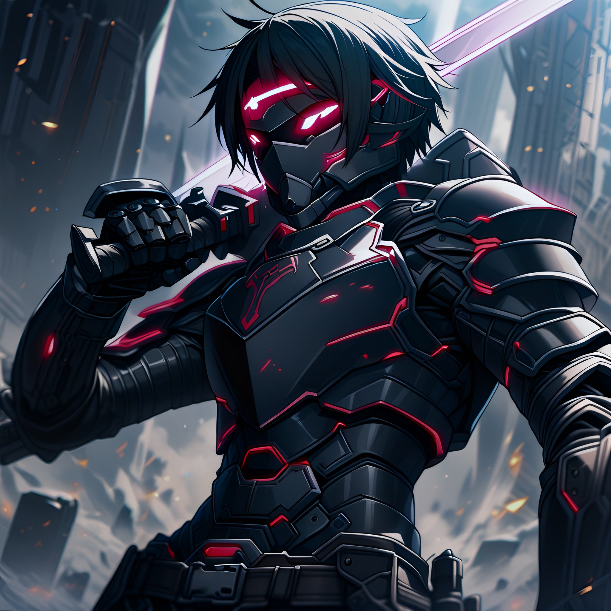 Image of kirito (sao), sword art online, solo, short hair, cool armor++++, power armor++++, weapon, sword++, 4k, 8k, ultra-detailed, high quality, high detailed, black armor, 