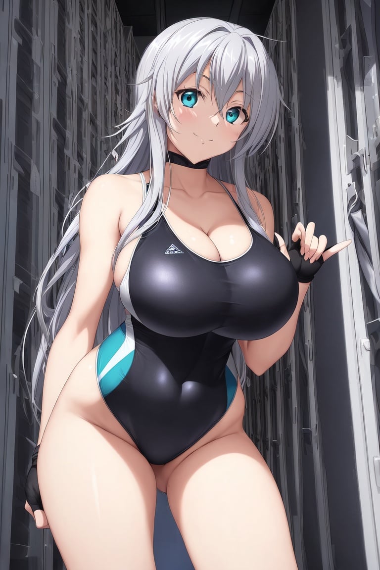 Image of absurdres, high school dxd, rossweisse, long hair, silver hair, aqua eyes, huge breasts, cleavage, one-piece swimsuit, yellow swimsuit++, highleg swimsuit, fingerless gloves, sneakers, indoors, gym storeroom, facing viewer, looking at viewer, from below, happy, hand up, masterpiece+++