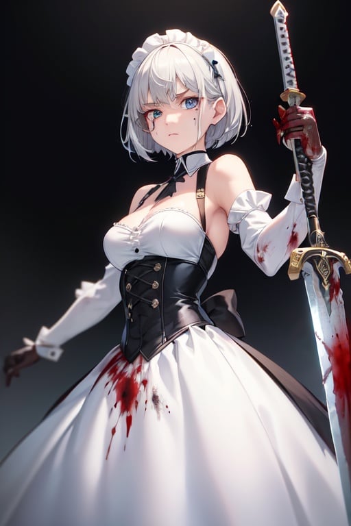 Image of soulless++, maid, killer, blade, short hair,  steel arms, high quality, gloves, blue eyes, Empty Eyes, dark, close-up, chromatic aberration, protagonist, looking at the camera, original, robotic arm, maid dress, long dress, blood stains+++, T-Pose+++, Mature woman, solo, silver white hair, black corset dress, sword+