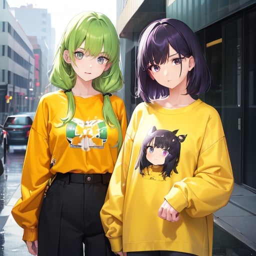 Image of 2 girl, left girl, duo, yellow sweater long sleeves, baggy grey trousers, high quality, detailed eyes+++, bright green eyes,  bright green hair, (shy face), (nighttime rainy background), right girl, black sweater long sleeves, baggy black trousers, high quality, detailed eyes+++, purple eyes,  purple hair, (happy face), masterpiece, high quality, bright green hair,
