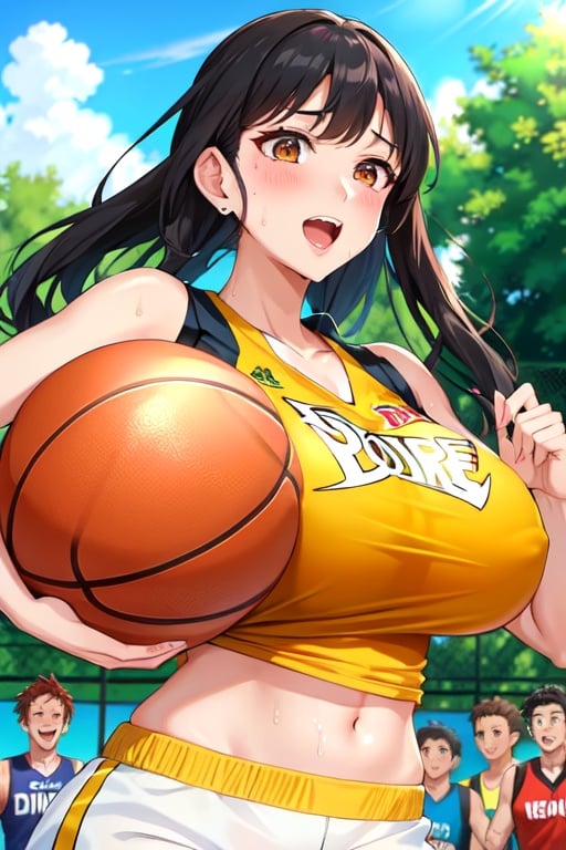 Image of Hot girl, playing basketball, big boobs, sweating, wet, playing basketball, black hair, score 