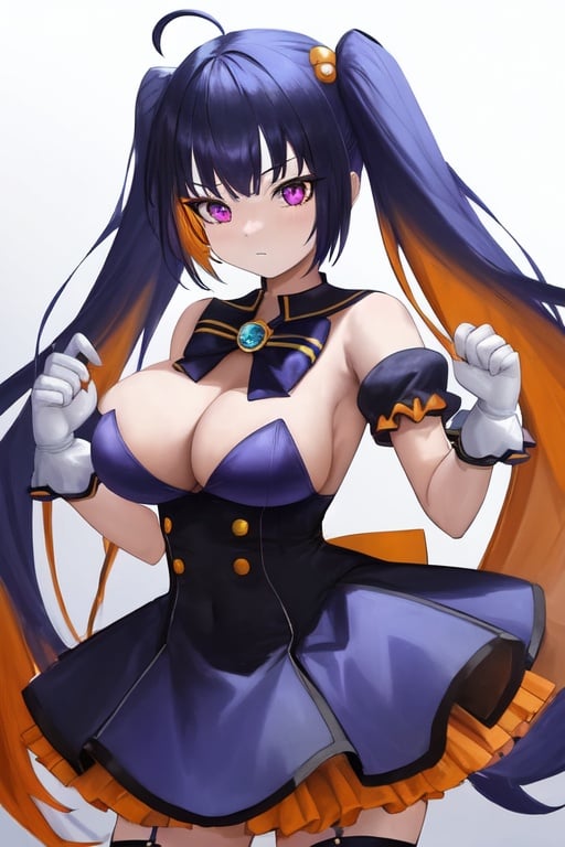 Image of magical  girl, transformed body, yellow sailor collared blue dress, {{gradient hair, orange hair, black hair}}, twin tail, purple eyes, blue brooch with black bowtie on breasts, cowboy_shot, view straight on, 1 girl, young,20 years old, very long hair, large_breasts, elbow_gloves