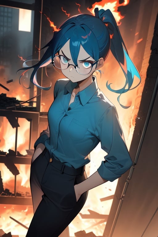 Image of aquamarine hair, one ponytails, Angry look, gles, (burning building)+, indoors, blue shirt, trousers, (Hands in pockets)+, an adult girl, The dark room, narrow eyes, 