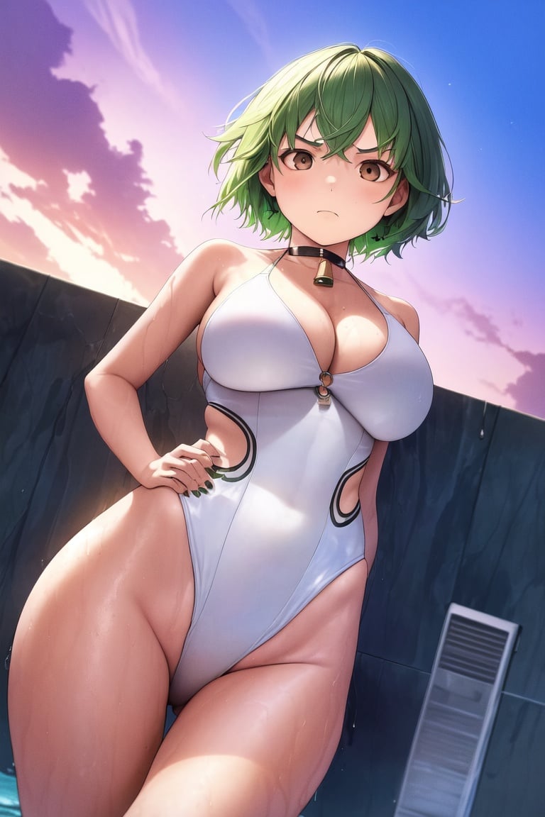 Image of absurdres, 1girl, green hair, short hair, brown eyes, large breasts, cleavage, one-piece swimsuit, white swimsuit++, barefoot, whistle around neck, outdoors, sunset+, poolside, looking at viewer, facing viewer, from below, unamused, hands on hips, masterpiece+++