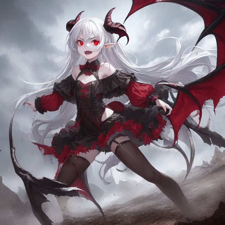 Image of Masterpiece+++, ultra quality+++ one girl, Succubus demon, angry, fangs, small horns, (torn clothes++), bloody cuts, battle stance, white hair, long hair, red eyes, long hair, barren landscape.