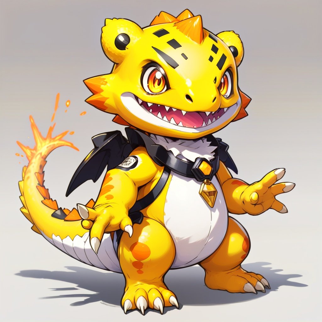 Image of Agumon Hakase with yellow-orange white and black palette in gatcha art style