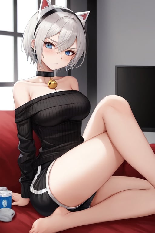 Image of 1boy, short white hair, turtleneck sweater, black choker, blue eyes, breasts on head, frowning, black shorts, sitting on person, pikachu ears, barefoot,