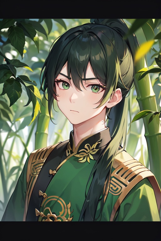 Image of (intricate detail), masterpiece, 1boy++, green eye, bamboo forest, green chinese clothes, high long ponytail, dark green hair, serious face