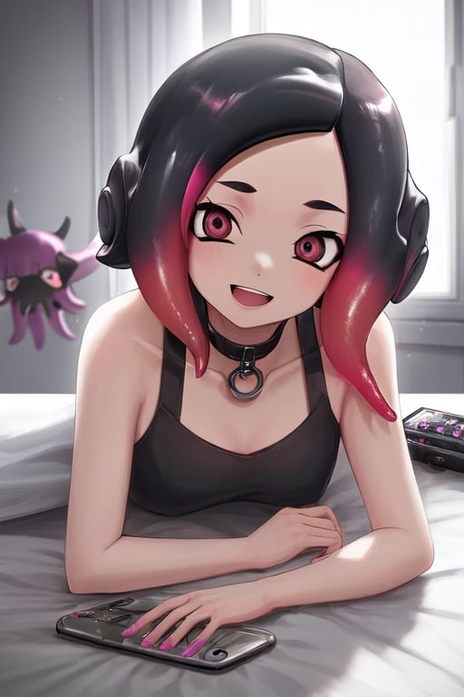 Image of 1girl, solo, (octoling girl)++, round octoling ears, splatoon+, tentacle hair, (multicolored hair)++, (black hair)+, blue hair ends, pink hair ends, green hair ends, black eyes, (laying down)+, on stomach, on bed, sunny+, inside, bedroom+, talking on phone, holding phone+, phone shaped like a squid, squid phone, silver phone,  open mouth, happy, in front of window