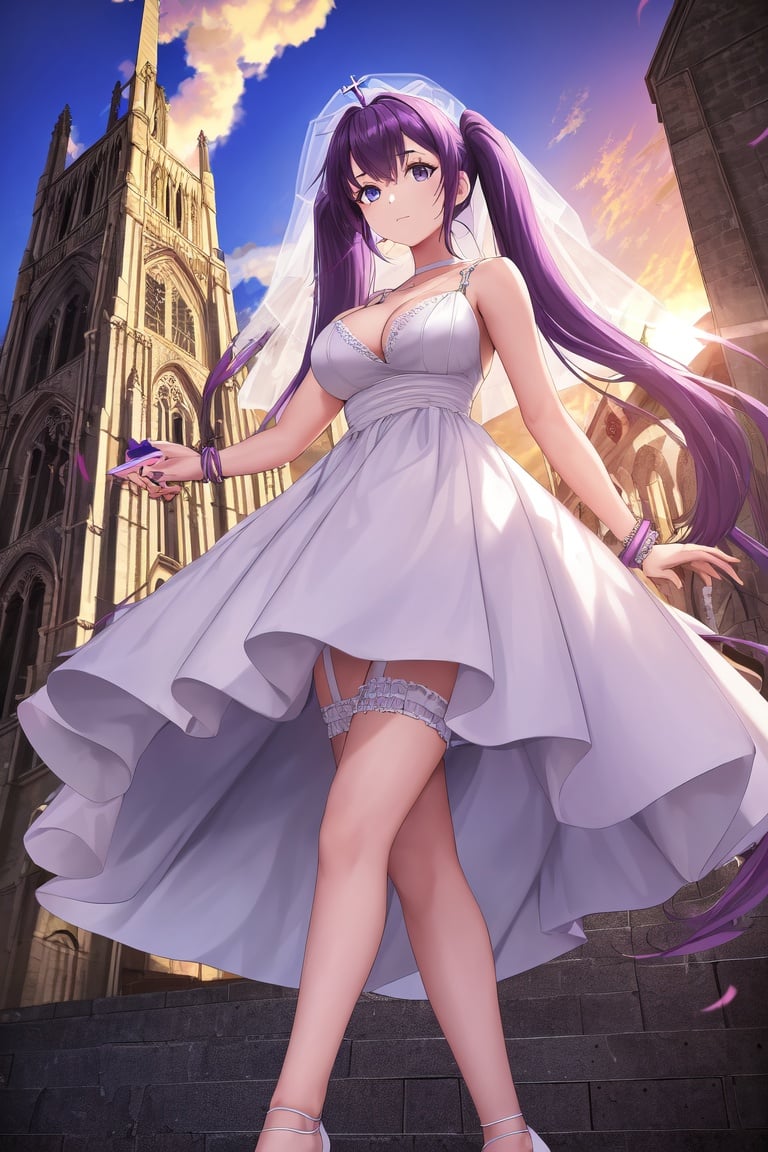 Image of absurdres, 1girl, medium hair, twintails, purple hair, blue eyes, large breasts, cleavage, wedding dress, white dress++, strappy heels, bracelet, outdoors, sunset+, church, looking at viewer, facing viewer, from below, wind lift+, masterpiece+++