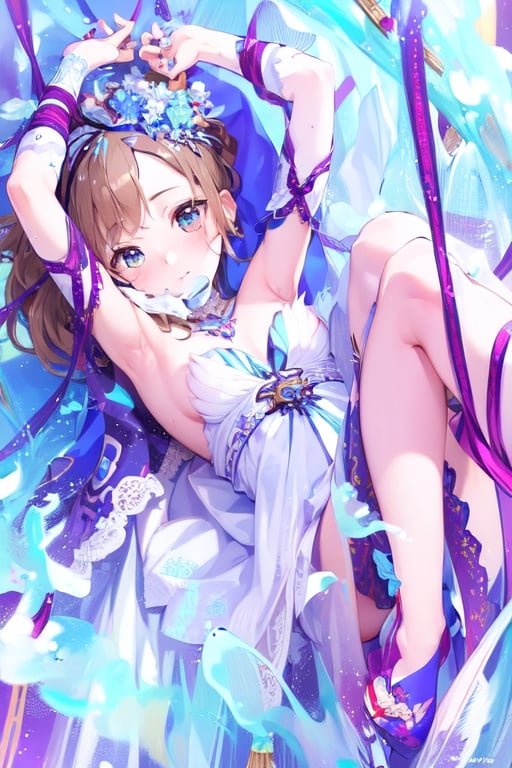 Image of {{{{{Masterpiece}}}}}, Pixiv, Exquisite, girl,,Background Of The Blue Sky, {Detailed Hand}, {Detailed Face}, {Medium Hair}, Cute Face, {{{nudity}}} curvy, Blush, Depth Library, Meinahentai, Nervous, skirt, holding, open mouse, simple background, traditional media