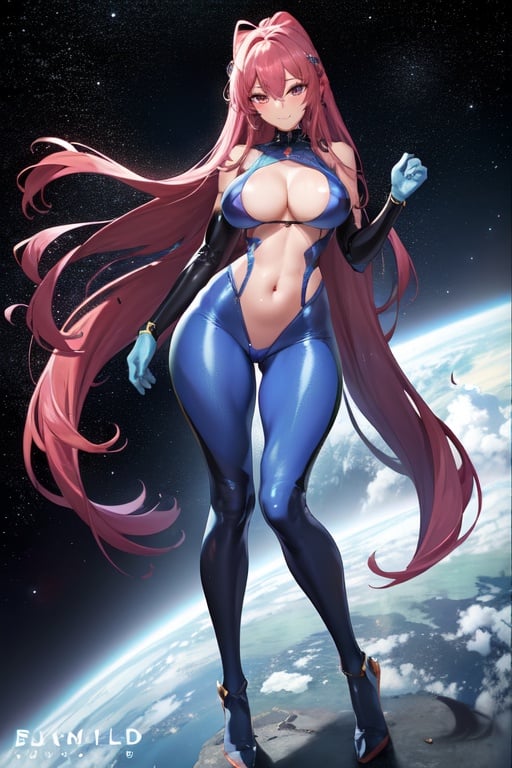 Image of girl ++++, perfect figure ++++, long legs +++, big hips ++++, big breasts +++, shiny skin ++, velvet skin +++ long hair +++, beautiful face +++, perfect face +++, blush +++, smile +++, (unreal suit, mini bikini suit, space suit) ++++, (y pose) ++++, , solo ++ ++, super quality +++