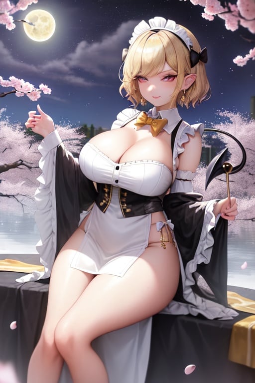 Image of 1girl, short hair gold hair, cross earrings, blue halo,  jewelry, towel around waist,  cherry blossoms, bow tie, maid headdress, maids apron, ruffles on sleeves, gold eyes, thick eyelashes, black lips, moon (ornament),moon , cleavage, enormus breats, demon tail, kraken ear piercing, kraken ears, smirking