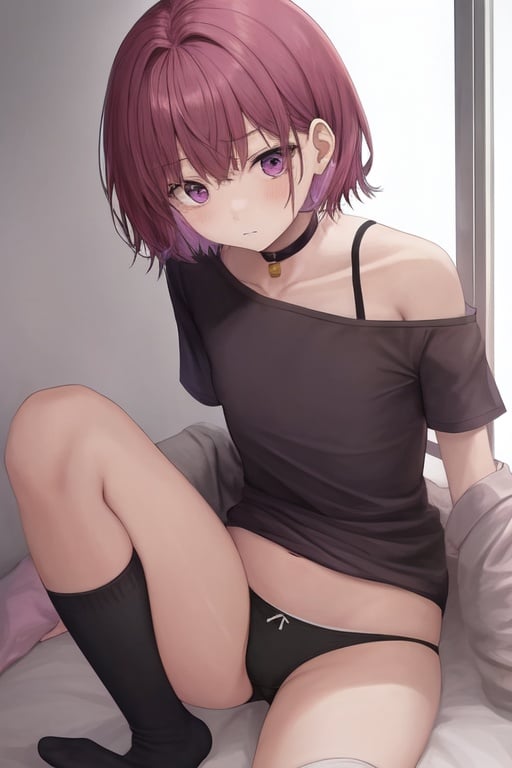 Image of teen girl, small flat tits, wear knee high socks, red underwear, wear , pink haircolor, short hair, shy, feet up, purple eyes