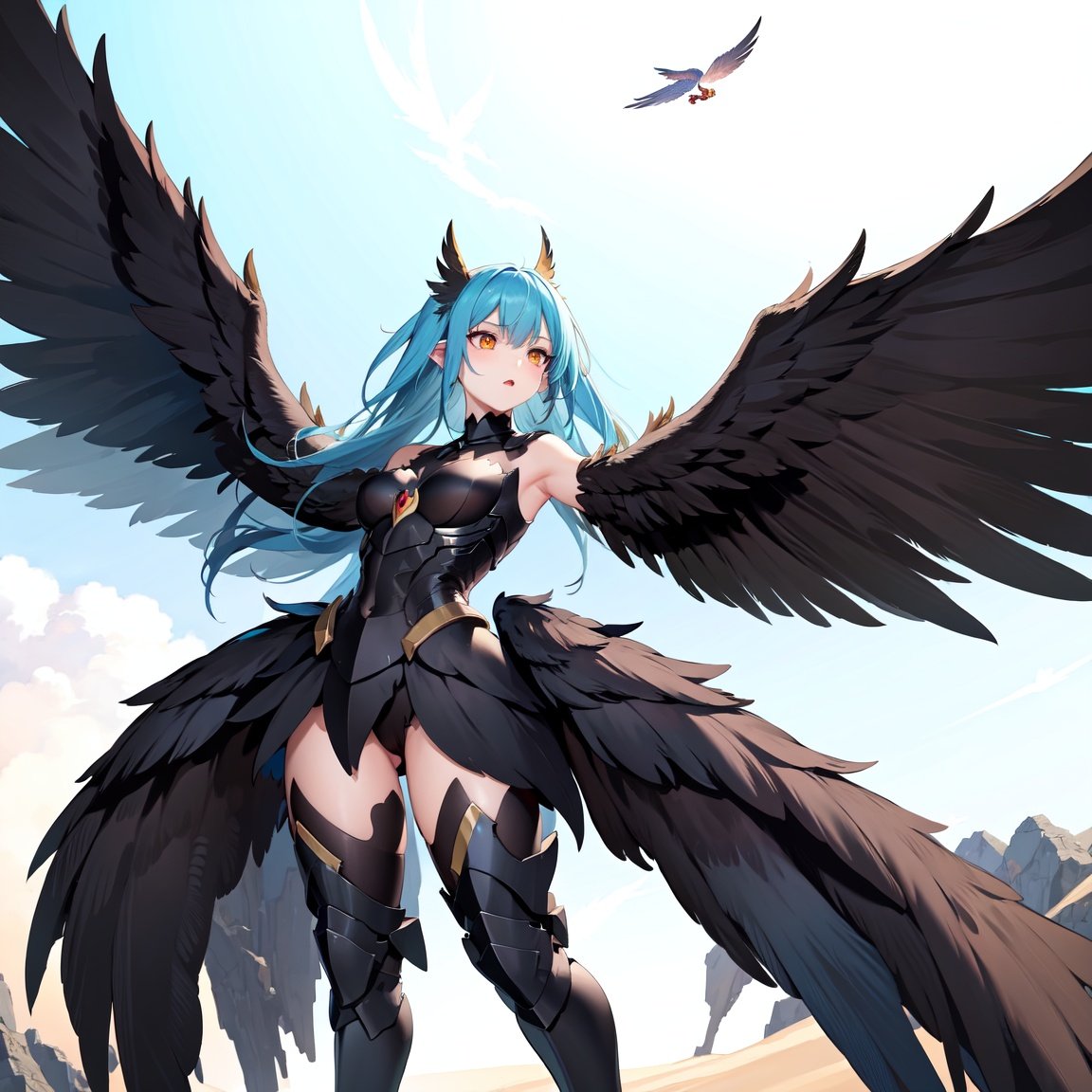 Image of harpy++,  monster girl,  wings, (winged arms)+++, (black armor)++, detailed