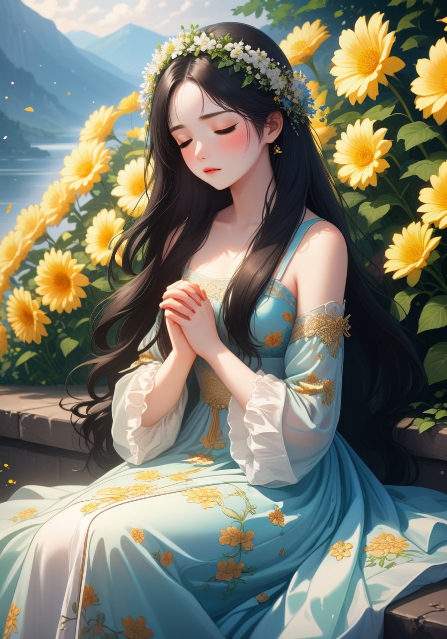 Image of traditional media, impress+++,  long dark hair, flowers++, pale, (ultra-detailed dress)++, beautiful, cinematic shot, lies in flowers, arms crossed, wealth++, (atmosphere of sorrow)++, closed eyes, heaven