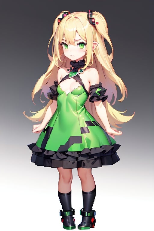 Image of 1girl solo cute Loli (small breasts)++ 5finger++ (glitch effect)+++ (gaming pixel)++++ (full body)+ (8bit pixel)+ (pixel perfect duplicate)+ (dot  Illustration)+ (glitch art)++ (green eyes)+ (blonde hair)+ (long hair)+ sea++ (digital image)++ (frilled dress)++, jewelry