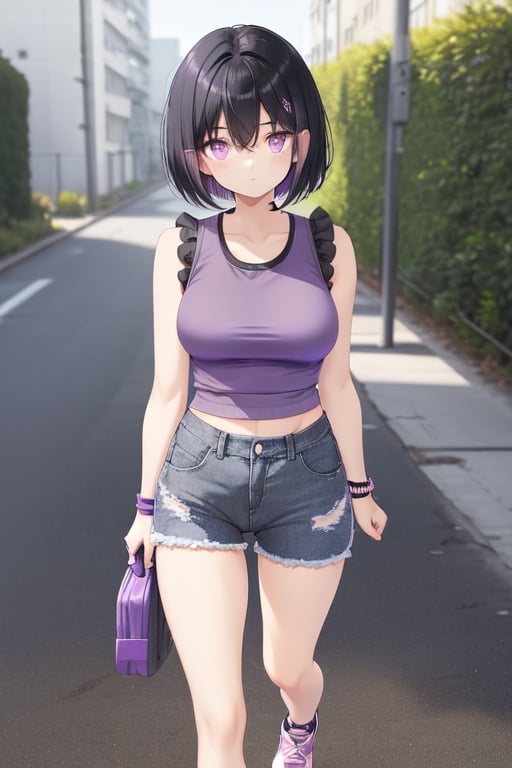 Image of women Short black hair to shoulder length Purple eyes He wears a gray sleeveless shirt, navy blue denim shorts and has black leggings on with a pink ribbon on the right leg and white and red tennis shoes and is wearing a purple sweatshirt Human big thighs and breasts