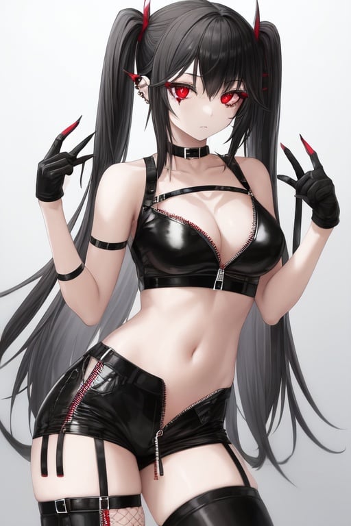 Image of girl, thigh high fish nets, black boots, eyeliner, cherry red lipsick, black sports bra, showing me her bone tattoos all along her hands, giant breasts, bra unzipped, emo girl