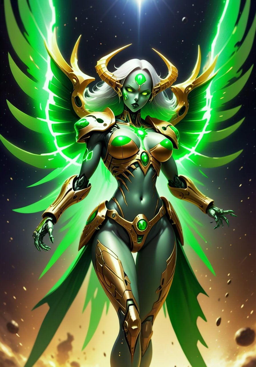 Image of 1 female,synthetic body,Warhammer 40k,Necron,C'tan,Star God,Goddess,(Silver,green and gold metal body),Necrodermis Body,robot body,Pure energy body within Necrodermis body,wielding cosmic power,flying in space,muscular body,large breasts,