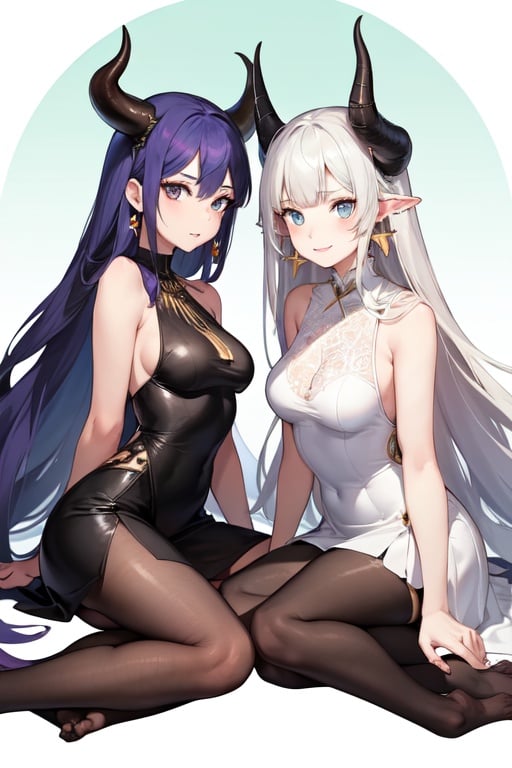 Image of 2girls, gentle, evil, beautiful, mystical, surreal, horns, long horns, perfect face, perfect eyes, simple smile, fullbody, sharp focus, lips, neckless dress, sleeveless dress, bare shoulders, low cut dress,  earrings, lace collar, high tights,
