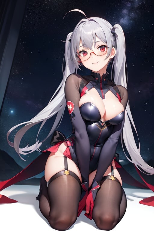 Image of 1girl, solo, sitting, seiza, (from below)++, grey hair, red eyes, smile, twintails, ahoge-, suit, thighhighs, glasses, gloves, starry sky