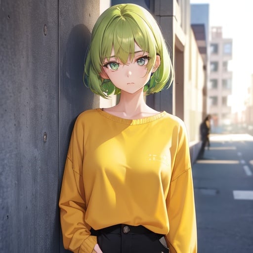 Image of 1 girl, solo, yellow sweater long sleeves, baggy grey trousers, high quality, detailed eyes+++, bright green eyes,  bright green hair, (shy face), (concrete background), 
