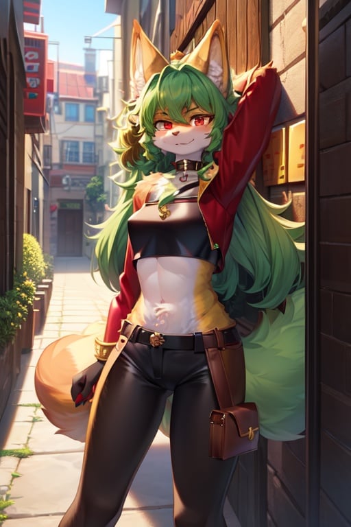Image of 1girl, solo, high quality, stretching, green hair, red eyes, curly hair, armor, loafers, choker, alley++