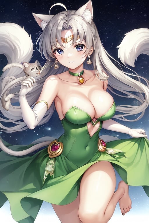 Image of a woman in a green and white dress posing for a picture, a microscopic photo by Sailor Moon,  anime, photo, wide lens 35mm girl, animal ears, barefoot, cat, bursting breasts, silver hair, cleavage, elbow gloves, fingerless gloves, fox tail, gloves, halterneck, large breasts, leg warmers, medium length hair, midriff, navel, solo, tail, albino
open collar