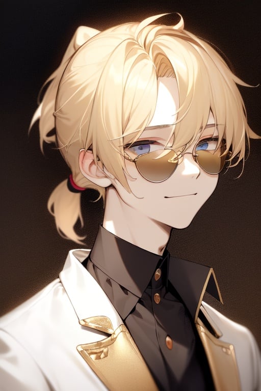 Image of a detailed portrait. (1 boy)++. There's a smile on his face. sharp facial features. (short golden hair gathered in a ponytail)+++. (cropped bangs)---. (dark blue eyes)++. (sunglasses)+++. yellow shirt. a dark jacket with a long collar. a mysterious atmosphere. dark background.