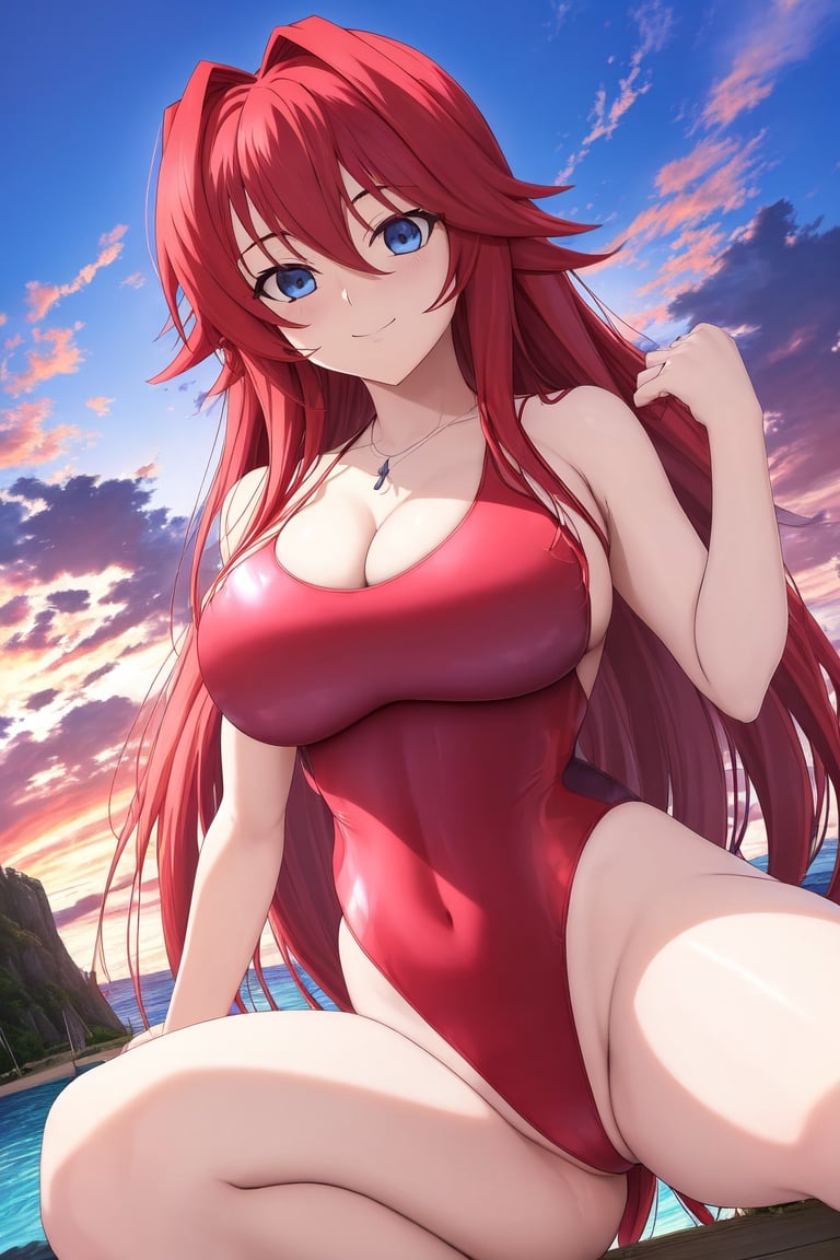 Image of absurdres, high school dxd, rias gremory, long hair, red hair, blue eyes, ahoge, large breasts, cleavage, one-piece swimsuit, pink swimsuit++, highleg swimsuit, barefoot, outdoors, sunset+, harbor, looking at viewer, from below, smile, squatting, masterpiece+++