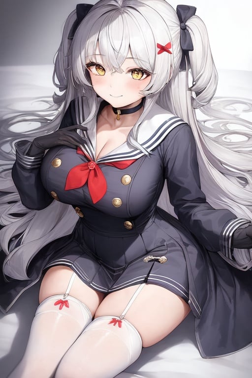 Image of 1girl, bursting breasts, thighhighs, laying down, sailor collar, sailor dress, curly white hair, jacket, holdi holding wand, seductive smile, gloves, cleavage, yellow eyes, snowflake hair ornament, snowing, red pantyhose