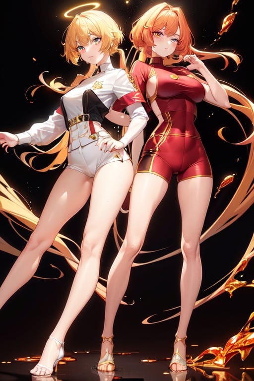 Image of  golden hair, short length shoulders hair, wavy hair, (((glowing amber eyes))), 1girl, (((highlegs))) short trousers:1.1, (red collated shirt:0.9), (red shako cap), (((shorts trousers:0.9))), (((black polish short))), (((skindentation))), marching band baton, (((white thighhigh:1.1))), (((Standings))), (((fat))) thighs, (((thin))) waist, (((slim body))), (((perfect body)))