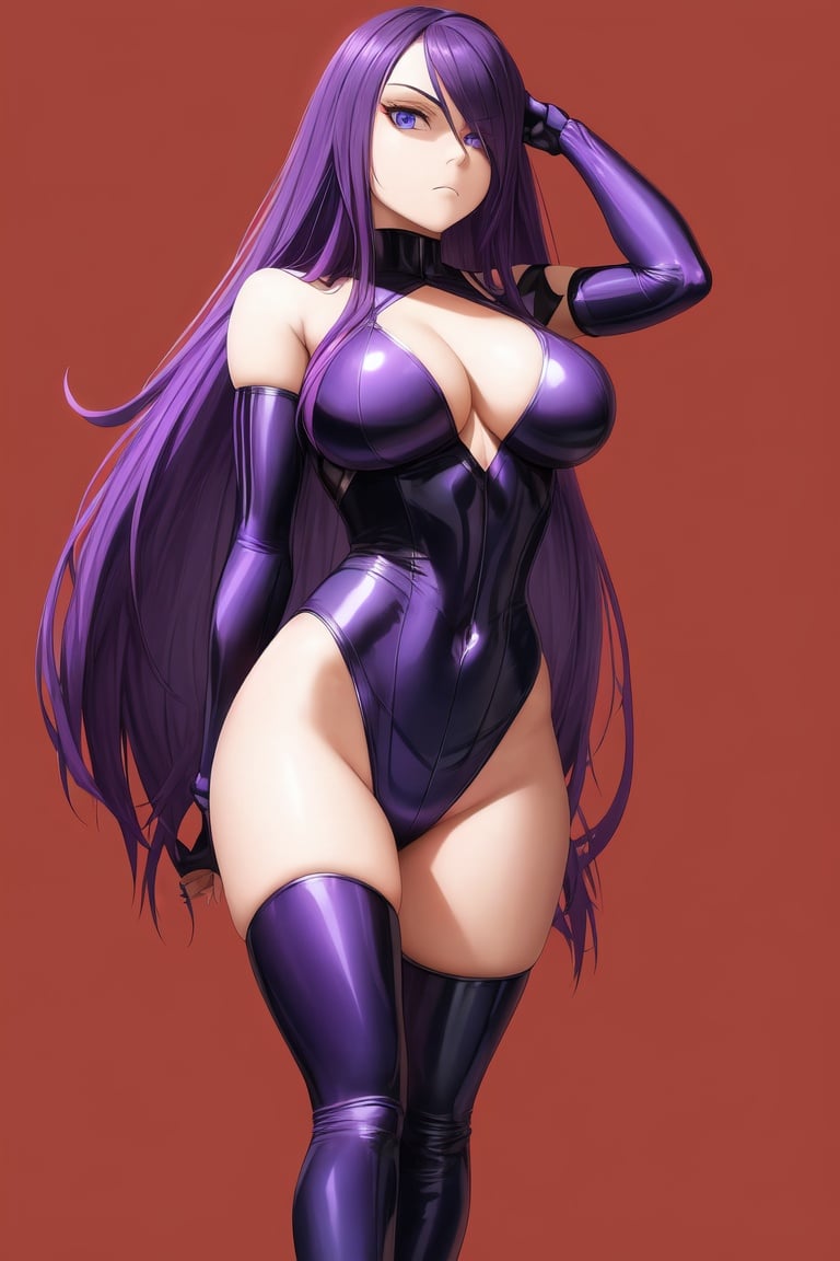 Image of absurdres, psylocke, long hair, purple hair, blue eyes, large breasts, simple background, red background++, facing viewer, looking at viewer, full body, expressionless, masterpiece+++