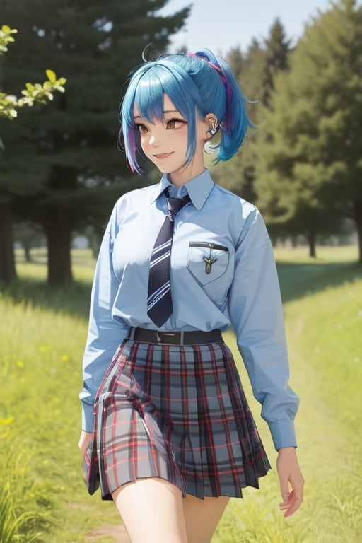 Image of 1girl, field, punk+, piercings, blue hair, dyed hair, gradient hair, trees in background, walking, school uniform, uniform+, tight clothes, prominent breasts, side view, huge hips, short skirt+, smiling, from above, bangs, morning time+,