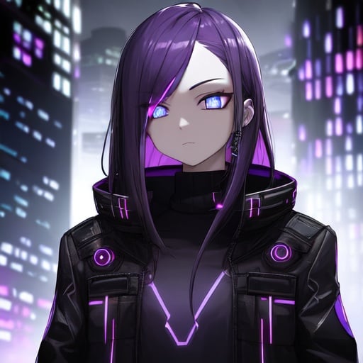 Image of 1 girl, solo, black sweater long sleeves, baggy black trousers, high quality, detailed eyes+++, purple eyes,  purple hair, (calm face), (cyberpunk background), futuristic city, cyber punk tech+++, 