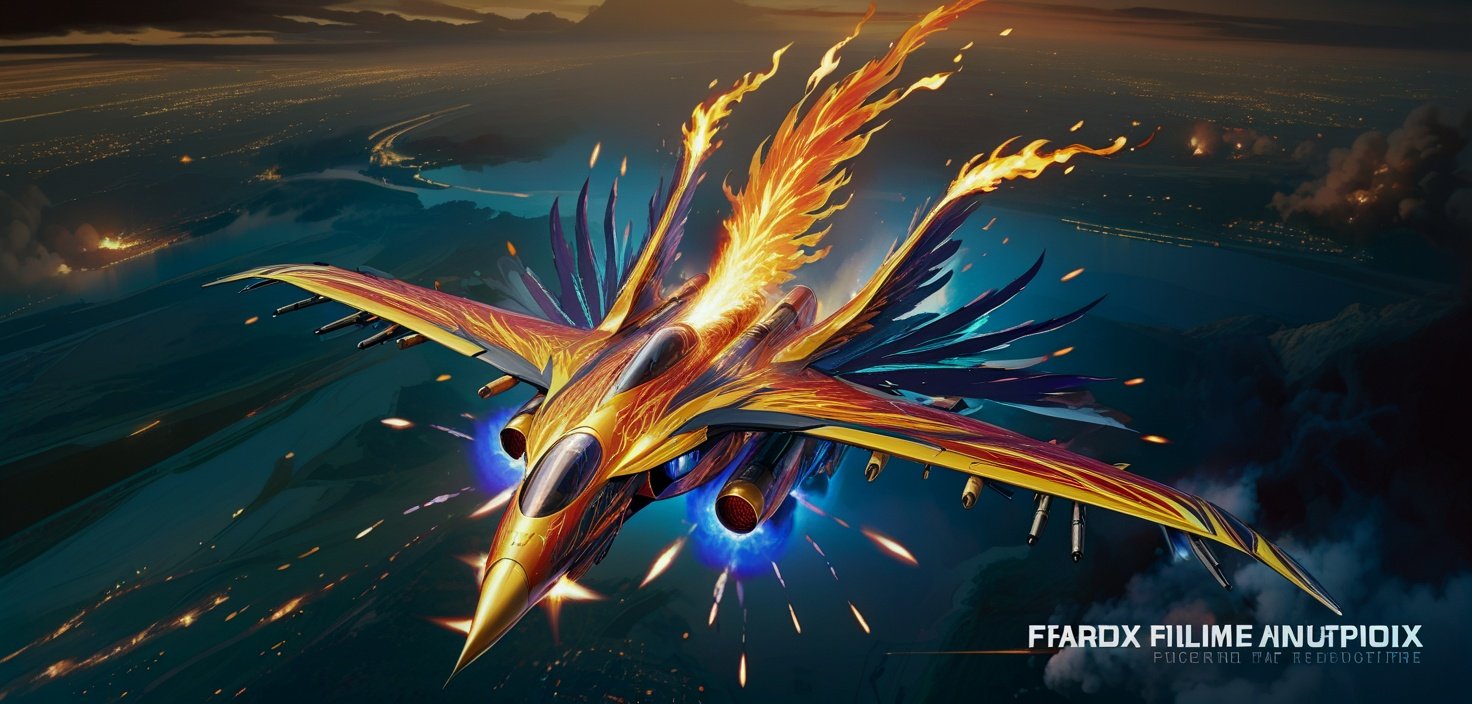 Image of Vehicle,aircraft,Phoenix esque shape,bird esque shape,Science fiction,fighter aircraft,Flame themed wings,jet engines,flame design pattern,flaming tails,