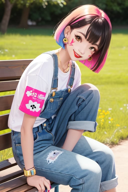 Image of 1girl, decora art style, dog ears, gold necklace, stickers on face, stud earrings, black nails, brown eyes, red lips, happy smile, sitting on bench, colorful sneakers, colorful overalls, arm tattoo, beautiful scenery, bob cut, flowers in hair, multicolored hair, 