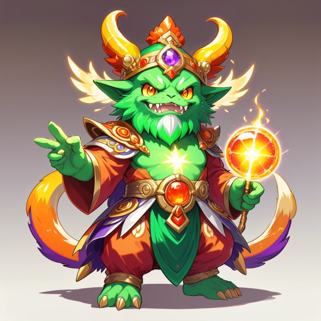 Image of Ancient Wisemon with bright-green white purple red-orange silver and gold palette in gatcha art style