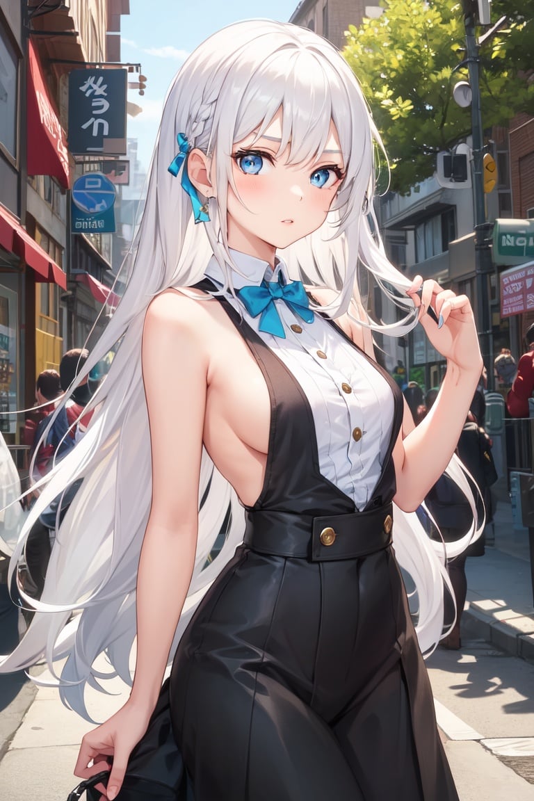 Image of 1 girl, solo, white hair, long hair, blue eyes, outdoors